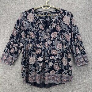 Lucky Brand Womans Blouse Size 3X Bohemian Boho Dark Floral Tunic 3/4 Sleeve Top